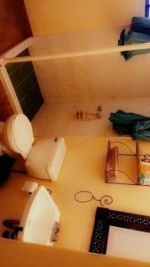 a bathroom with a toilet sitting on a counter at Cabaña de descanso "El Tigre" in Quiroga