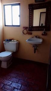 a bathroom with a toilet and a sink and a mirror at Cabaña de descanso "El Tigre" in Quiroga