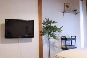 a flat screen tv hanging on a wall with a plant at green park heights - Vacation STAY 15683 in Musashino