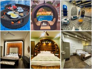 a collage of four pictures of a hotel room at Chaitali The Villa in Shānti Niketan