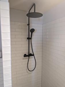 een douche met een douchekop in de badkamer bij B & B de Pinguin in Bergentheim