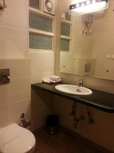 a bathroom with a sink and a toilet and a mirror at Hotel Arina Inn in New Delhi