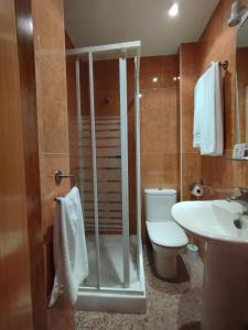 a bathroom with a shower and a toilet and a sink at Hospedería Puerta de la Catedral in Ciudad-Rodrigo