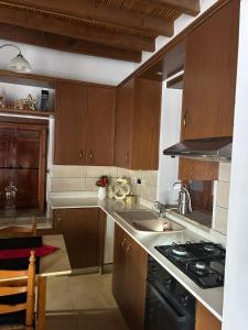 a kitchen with wooden cabinets and a stove top oven at The stone nest in Paphos
