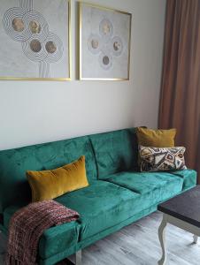 グダニスクにあるApartament ALLURE OF THE SEASのリビングルーム(絵画付)の緑のソファ