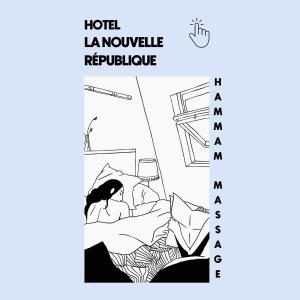 Hôtel La Nouvelle République & Hammam في باريس: رسم أسود و أبيض لامرأة بمظلة