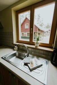 a sink in a kitchen with a window at LVM tūrisma un atpūtas centrs "Spāre" in Spāre