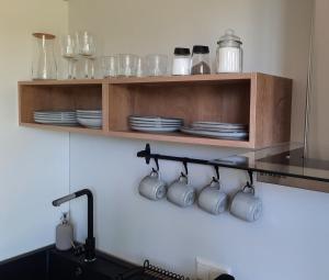 a kitchen with a shelf with cups and plates at Beautiful Seaside apartement Albatross 23 in Ķesterciems