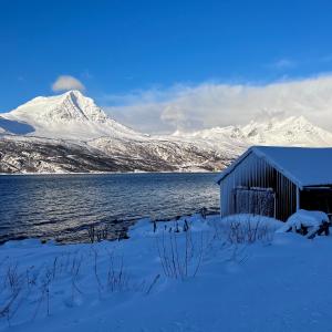 a barn in the snow with a mountain in the background at Artic Dream in Gratangen