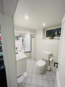 a white bathroom with a toilet and a sink at Souterrain 2 Zimmer Wohnung Freiburg Seepark in Freiburg im Breisgau