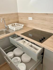 eine Küche mit einem Waschbecken und weißen Tellern in einer Schublade in der Unterkunft Apartmán v srdci Poděbrad 100m2 in Poděbrady