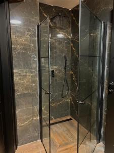 um chuveiro com uma porta de vidro na casa de banho em סוויטת Gadish em Bete-Seã