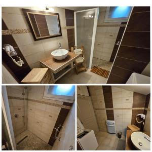 - deux photos d'une salle de bains avec un lavabo et une douche dans l'établissement GitedesDalles 3 épis avec terrasse vue mer, 