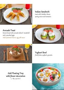 a collage of four pictures of food on a plate at Villa Mia Seminyak - Boutique Villas in Seminyak