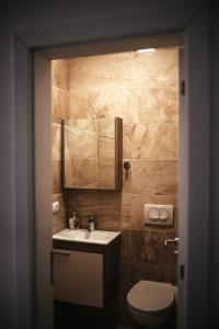uma casa de banho com um lavatório e um WC em Apartment Prishtina 038 em Pristina