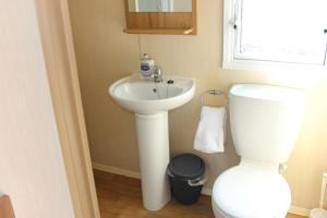Norfolk broads caravan sleeps 8 في Belton: حمام به مرحاض أبيض ومغسلة