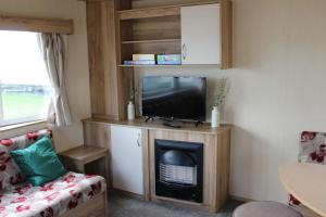 Norfolk broads caravan sleeps 8 في Belton: غرفة معيشة مع تلفزيون ومدفأة