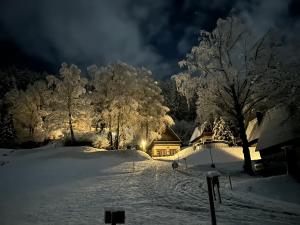 ein Haus mit Schnee in der Nacht in der Unterkunft Das kleine Feriendorf in Kärnten + 2 Fotos