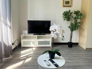 un soggiorno con TV e tavolo con fiori di BWR - Bellssimo bilocale vicino ai navigli a Milano