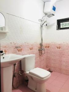 a pink bathroom with a toilet and a sink at Sandaro Rest Inn in Ella