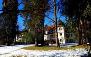 una casa blanca con árboles en la nieve en Staufenhof, en Bad Reichenhall