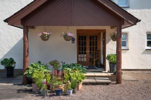 a pavilion with potted plants on the front of a house at Killoran House in Dervaig