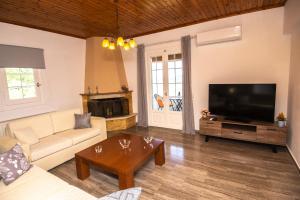 a living room with a couch and a tv at Giannis House 2022 in Áno Pavliána