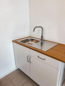 uma cozinha com um lavatório e um balcão de madeira em Pinova em Karlsruhe