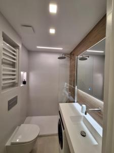 y baño con aseo blanco y lavamanos. en Apartamento La Milla de Oro, en Madrid