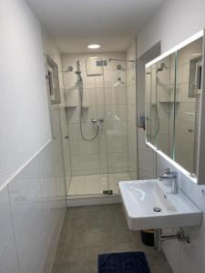 une salle de bain avec douche et lavabo dans l'établissement Ferienwohnung City Priebe Austraße, à Friedrichshafen