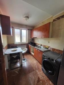 a kitchen with a washer and a table in it at Open Space Apartment National Arena Monza in Colonişti