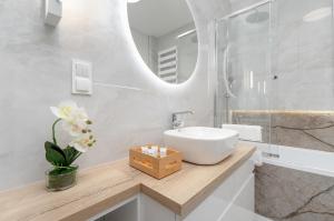 y baño con lavabo y espejo. en Bright Apartment with Spacious Balcony and Air Conditioning by Renters en Rzeszów