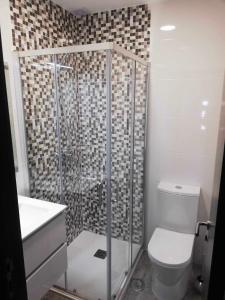 a bathroom with a shower with a toilet and a sink at Casa de São Miguel in Mirandela