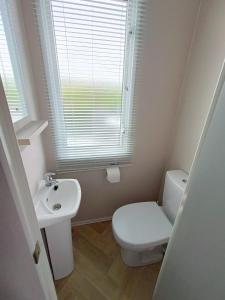 uma pequena casa de banho com WC e lavatório em The Getaway Luxury Carvan in Bude em Poughill