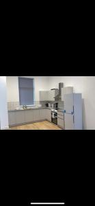 a kitchen with a refrigerator and a stove top oven at Spacious apartment in Barking