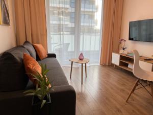 a living room with a couch and a table at Apartament Fordon Przy Politechnice Bydgoskiej in Bydgoszcz