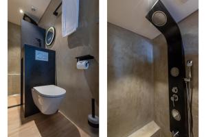 Dos fotografías de un baño con inodoro y ducha. en Welcome in - Appartement midden in het centrum met dakterras, en Vlissingen