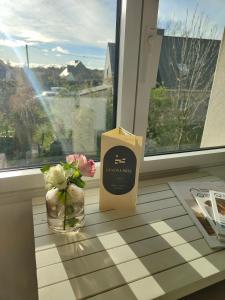 a vase of flowers and a box on a window sill at Hôtel Restaurant La Voile Bleue in Erdeven
