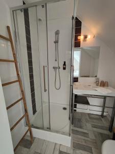 a bathroom with a shower and a sink at Hôtel Restaurant La Voile Bleue in Erdeven