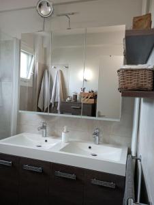 ein Bad mit einem Waschbecken und einem Spiegel in der Unterkunft Appartement 6 personnes 100 m2 in Chatou