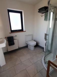 La salle de bains est pourvue de toilettes, d'un lavabo et d'une fenêtre. dans l'établissement Roaringwater Stay, à Skibbereen