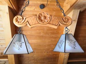 two lights hanging from the ceiling of a cabin at Haus Paradiesecke in Waldbrunn
