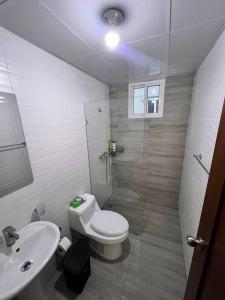 a bathroom with a toilet and a sink and a shower at Luxury apartment and very quiet great area / Vacation Rental in Santiago de los Caballeros