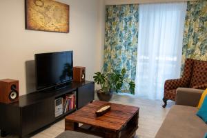salon z telewizorem z płaskim ekranem i głośnikami w obiekcie Apartment_41 w Atenach