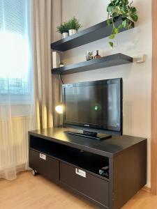 una TV a schermo piatto su un centro di intrattenimento nero di Apartment Tina - Old Town, Free Private Parking a Bratislava