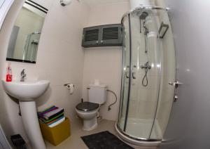a bathroom with a shower and a toilet and a sink at Pinewood in St Julian's