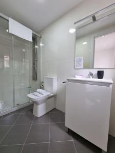 a bathroom with a toilet and a shower and a sink at VibesMalpica - Canido 12 in Malpica +16 photos