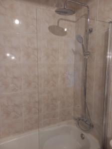 een douche met een glazen deur naast een bad bij Residencial Ribeiro in Geres
