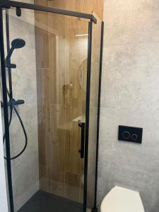 a shower stall with a toilet in a bathroom at Apartament Planeta 106 - tylko 100 m od plaży in Mielno