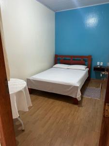 1 dormitorio con cama y pared azul en Hotel Lara's, en Ribeirão Preto